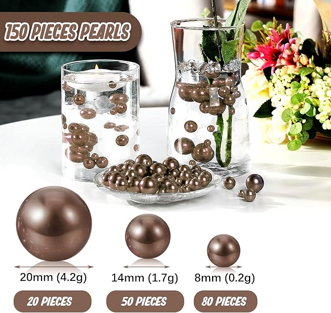 Dark Brown Vase Filler | 150PCS Pearls Bead for Centerpieces Vases | 8/14/20 mm No Hole Beads, Fake Pearls for Wedding Birthday Theme Party Table Centerpieces Decor
