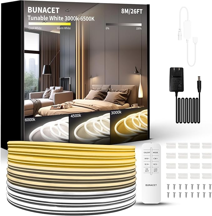 Outdoor Led Strip Lights, IP67 Waterproof Tunable Warm White Lights 3000K-6500K 26FT, RF Remote Control with 24V DC Dimmable Neon Rope Lights for Kitchen Bedroom Indoor Outdoor Decoration