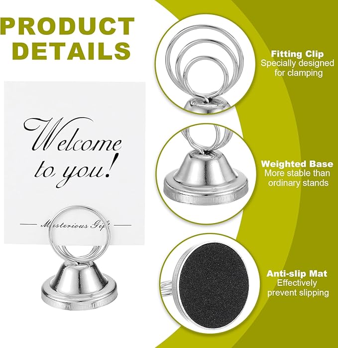 PATIKIL 12 Pack 1.57 Inch Table Number Holders, Weighted Base Place Card Holders Picture Stand Photo Sign Clips for Wedding Reception Restaurants, Silver