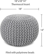 REDEARTH Round Boho Pouf Ottoman - Cable Knitted Cord Boho Pouffe - Stuffed Poof Accent Beanbag Footrest for Living Room - Nursery - Bedroom - Covered Patio - Study Nook (18”x18”x14”) - Gray-S