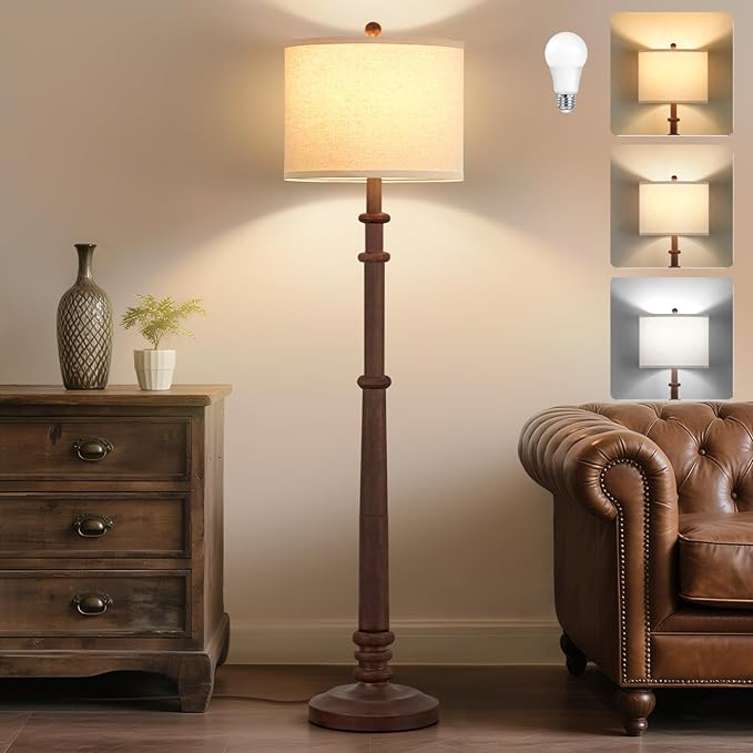 Floor Lamps for Living Room - 60" Resin Farmhouse Floor Lamp with 3 Color Temperatures - Vintage Standing Lamp Reading Light with Linen Shade Tall Lamp for Bedroom Office, Reddish Brown