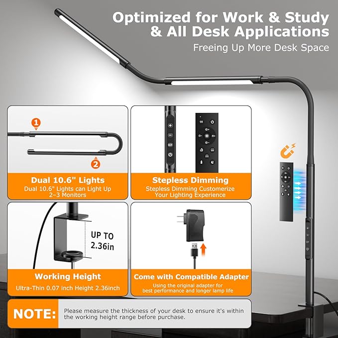 LED Desk Lamp for Home Office, Eye-Caring Desk Light with Adjustable Gooseneck, Dual Screen Computer Monitor Light with Stepless Dimming, Stepless Color Temp, Memory Function for Study, Workbench