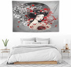 Japanese Geisha Tapestry Asian Red Cherry Blossom Red Sun Traditional Kimono Folk Tapestries Home Decor for Living Room Bedroom Apartment Farmhouse Dorm 60"x40"