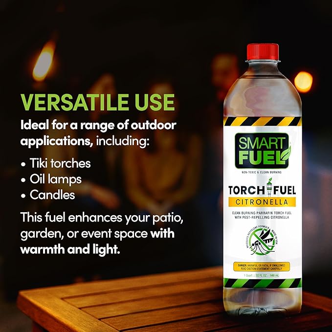 Smart Fuel Citronella Torch Fuel - Clean Burning, Biodegradable Formula with Extended Burn Time, Ideal for Oil Lamp, Tiki Torches for Outside Gatherings – 1 Quart, Pack of 1