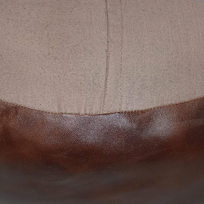 PF12 Round Shaped Goat Leather Handmade Eco-Friendly Brown Pouf - 21" x 21" x 12", Plain Solid, Recycled Cotton Filled