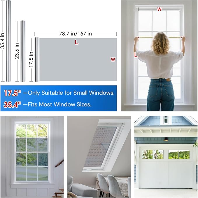 Homein One Way Privacy Window Film with Tool Window Tint for Home See Out Not in Heat Control Sun Blocking Mirror Reflective Anti UV Covering Static Cling No Glue Sliver 17.5 x 157.4 inch