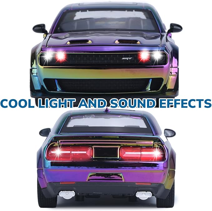 Car Toys for Boys 1/24 Diecast Cars Hellcat SRT Collectibles Model Kit,Pull Back Metal Toy Car with Lights and Sounds,Toy Cars for Boys Age 4-7（Gradient Purple）