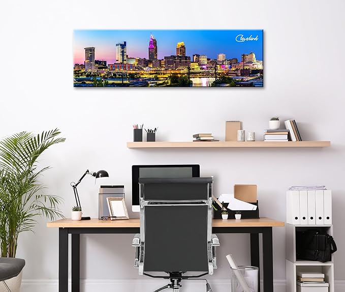 Cleveland Skyline Wall Art Colorful Canvas Prints Night View Ohio USA Cityscape Panoramic City Building Painting for Bedroom Office Decor Framed and Ready to Hang 13.8"x45.3"
