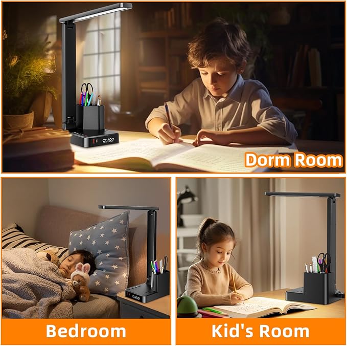 Desk Lamp,Desk Lamps for Home Office,COZOO LED Desk Lamp with 2 USB Charging Ports,2 Pen Holders,1 Outlet,3 Color 3 Brightness Levels,Touch/Memory/Timer,LED Desk Light Small Desk Lamp Kids Study Lamp