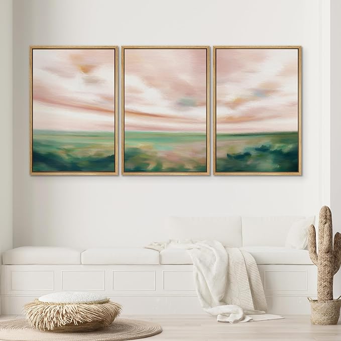 SIGNWIN Framed Canvas Print Wall Art Set Pastel Watercolor Pink Cloud Sky Green Countryside Hill Nature Wilderness Illustrations Modern Art Decorative Scenic for Bedroom - 24"x36"x3 Natural