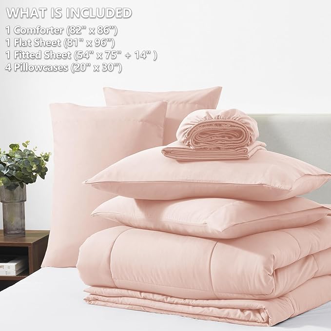 CozyLux Full Size Comforter Sets Blush Pink, 7 Pieces Bed in a Bag, Pink Comforter Full Size, All Season Bedding Sets with Stitch Quilted Comforter, Flat Sheet, Fitted Sheet, Pillowcases