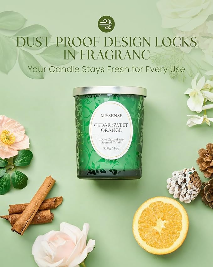 M&SENSE Cedarwood Orange Christmas Candle, Cracking Wooden Wick Soy Wax, 18oz 100 Hours Long Lasting Clean Burn, Large Fall Candles for Home Scented, Winter Holiday Aromatherapy Gifts for Women