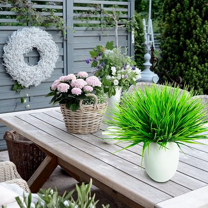 10 Bundles Artificial Grass Plants,Outdoor Faux Grass Plant UV Resistant Fake Plastic Wheat Grass for Indoor Outdoor Fake Realistic Grass for front porch yard patio balcony Garden Decoration- Green