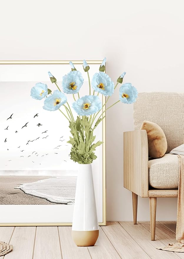 IPOPU 43.3" Poppy Flowers Artificial Flowers 6PCS Fake Silk Poppies Long Stem Artificial Flowers for Tall Vase for Wedding Party Home Decor(Baby Blue)