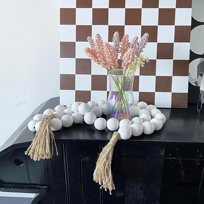 OMISHE 76" Long Extra Large Wood Bead Garland with 1.6" Diameter Wooden Beads and Tassels, Rustic Farmhouse Country Decorative Beads for Home Tiered Tray Decor, Rustic White