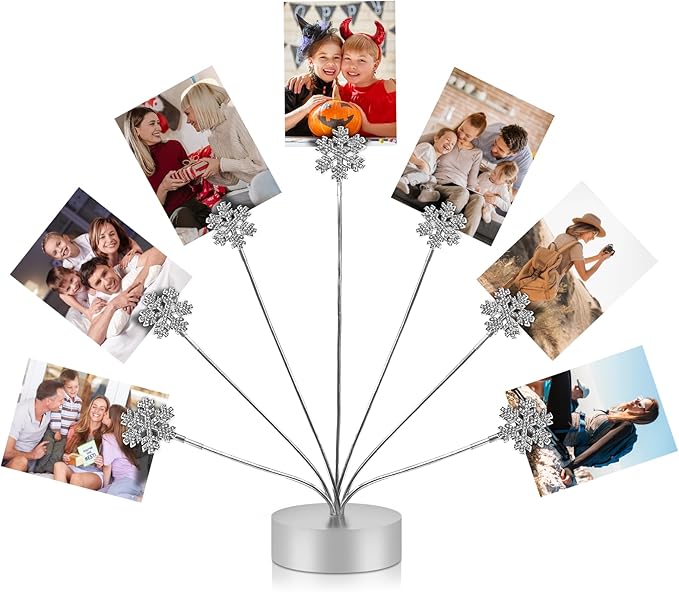 7-Branch Family Desktop Photo Tree Holder Clip Round Base, Card Picture and Memo Desk Frame Display Stand for Wedding Party Christmas Photo Clip Holder Table Numbers (Snowflake)