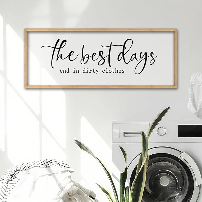 The Best Days End In Dirtiest Clothes Wall Decor 32"x12" Large Laundry Room Bathroom Funny Wood Framed Sign wall Hanging Art (Wood)