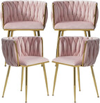 Nrizc Woven Dining Chairs Set of 4, Velvet Upholstered Dining Chairs with Gold Metal Legs, Modern Accent Chairs for Living Room, Dining Room, Kitchen (Pink)