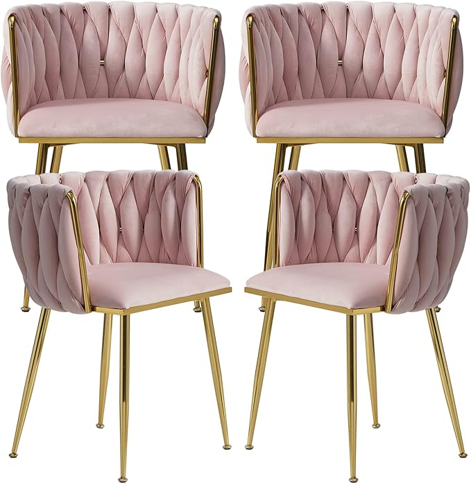 Nrizc Woven Dining Chairs Set of 4, Velvet Upholstered Dining Chairs with Gold Metal Legs, Modern Accent Chairs for Living Room, Dining Room, Kitchen (Pink)