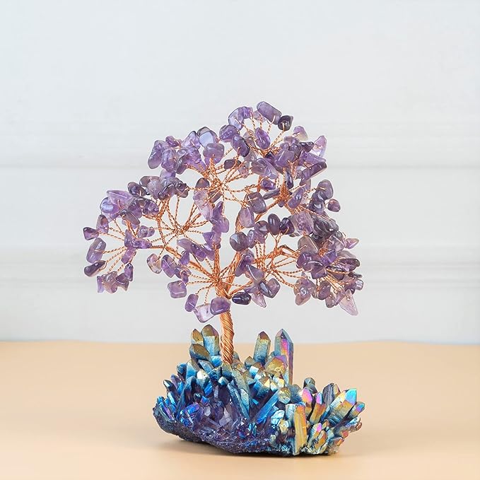 Amethyst Crystal Tree with Rainbow Titanium Cluster Base Tree of Life Decor for Shelf, Bedroom, Birthday Gifts for Women, Sister Birthday Gift for Mom, Cute Home Purple Decor Present