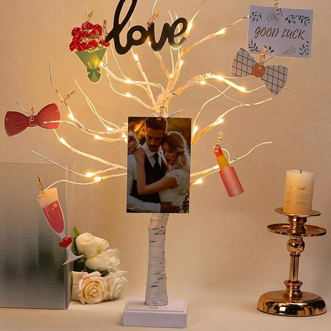 Meonua2-pack Money Tree Gift Card Holder LED Twig Lights - Battery/USB Powered Light Up Display with 22 Clear Clips for Birthday Wedding Photo (Warm Color)