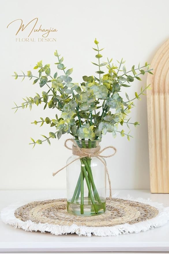Artificial Eucalyptus Stems in Glass Vase with Faux Water,7Pcs Fake Plant for Centerpiece Bathroom Farmhouse Room Home Decor (Sage Green Eucalyptus)