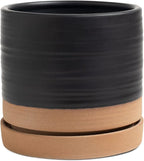 6 Inch Plant Pots, Ceramic Planter Pot with Drainage Hole & Saucer, Indoor/Outdoor Cylinder Round Planter Pot, Matte Black & Brown