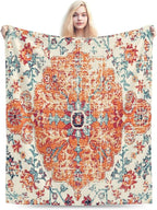 HGOD DESIGNS Carpet Pattern Throw Blanket Boho Style Ethnic Design Orange Blue Soft Blankets and Throws 40x50 Inch Caring for Women Men (100x130cm)