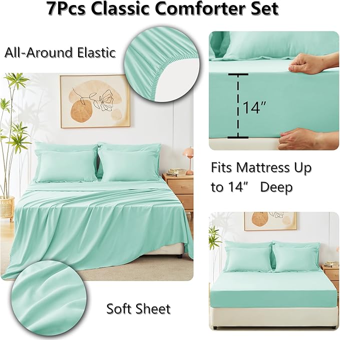 CozyLux Queen Comforter Set Mint Green - Bed in a Bag Queen Size 7 Pieces, Luxury Soft Bed Set for All Seasons, Bedding Set with Down Alternative Comforter, Sheets, Pillowcases & Shams