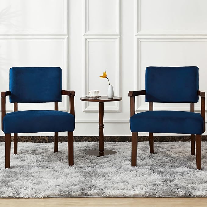 Accent Chair Set of 2 with Table, Living Room Chairs with Velvet Soft Seat & Armrests for Living Room Bedroom Reading Room Waiting Room (Velvet Navy)