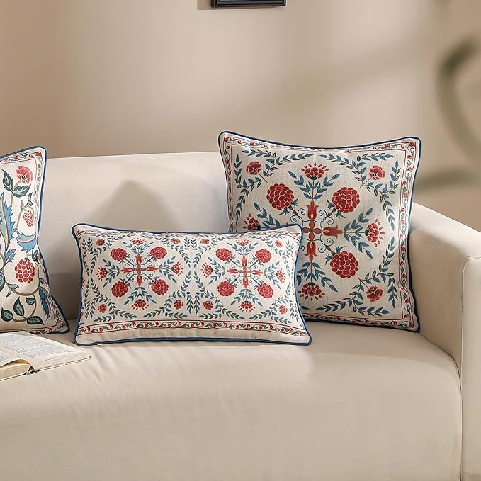 patdrea Designer Throw Pillow Covers Set of 4,Brilliant Vintage Red Tropical Linen with Floral Pattern Pillow Cover,Decorative Lumbar and Square Pillowcases Cushion for Bed Living Room Outdoor