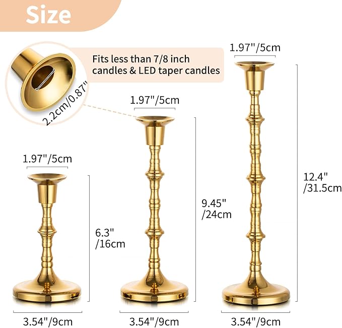 Nuptio Brass Candlestick Holders for Centerpiece: Set of 3 Gold Taper Candle Stick Holders for Home Dining Table Fireplace Decor
