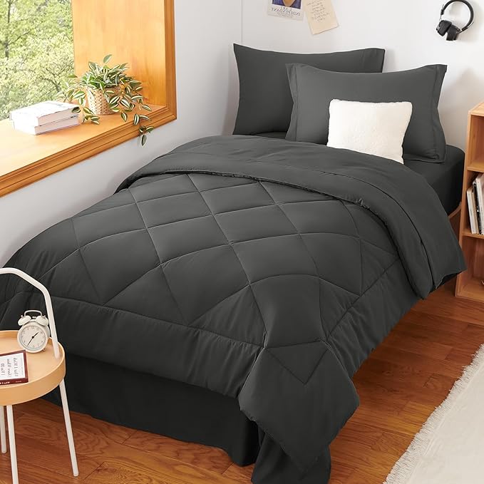 CozyLux Twin Comforter Set with Sheets Dark Grey - 5 Pieces Bed in a Bag Twin, All Season Bed Set for Girls and Boys, Bedding Set with Down Alternative Comforter, Sheets, Pillowcase & Sham