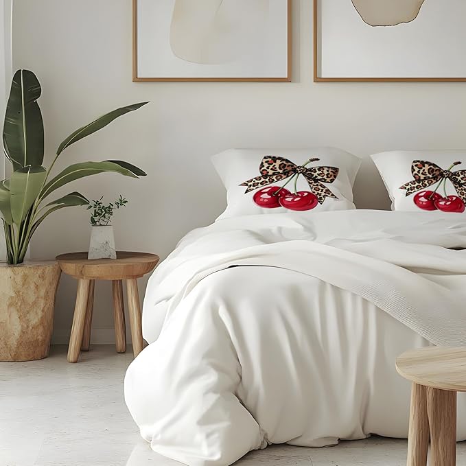 Coquette Leopard Bow Cherry Pillow Covers 18x18, Coquette Cheetah Print Room Decor, Preppy Girly Trendy Leopard Ribbon Cherry Decorative Throw Pillow Covers for Girls Dorm Apartment