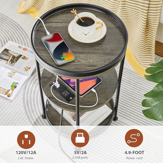 Dulcii Round Side Table with Charging Station, End Table with 3 Shelves for Living Room, Bedroom Nightstand with Steel Frame for Small Spaces, Industrial Round Sofa Table (USB+Grey)