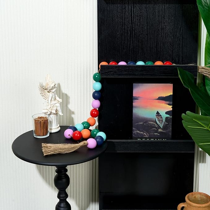 OMISHE 50" Long Extra Large Wood Bead Garland with 1.6" Diameter Wooden Beads and Tassels, Rustic Farmhouse Country Decorative Beads for Home Tiered Tray Decor, Colorful