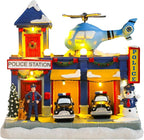 Bdor Christmas Police Station Decoration – Lighted Animated Holiday Village Scene with Helicopter and Police Cars – Plug-in Resin Christmas Tabletop Ornament – 9"x6.3"x9"