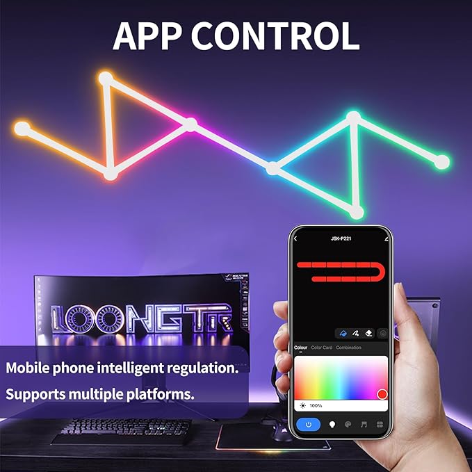 RGB Wall Light, LED DIY Geometry Splicing Gaming Lights, Backlit Modular Wi-Fi Colour Changing Home Decor Lights Work with Alexa and Google Assistant for Game Room, Bedroom (9 Lines, White)