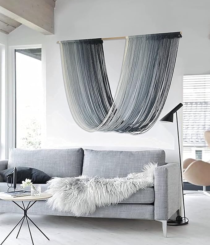 Flber Macrame Wall Hanging Large-Scale Dip-Dye Blue Bohemian Yarn Tapestry Home Room Wall Decor 57" Wx 35" L