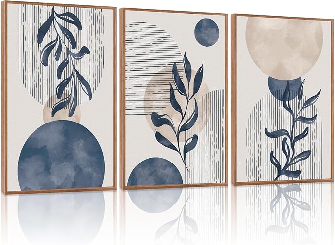KAIRNE Boho Plant Wall Art Set of 3,Blue Bohemain Framed Canvas,Abstract Geometric Line Wall Painting,Modern Nature Prints,Botanical and Moon Wall Art for Living Room Bedroom Office - 3Pieces,16”X24”