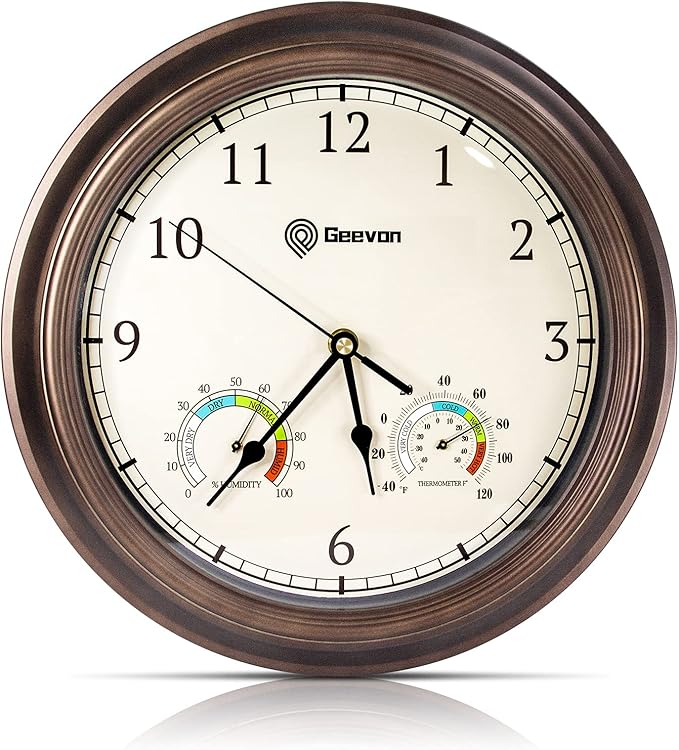 Geevon 14 Inch Retro Wall Clocks Battery Operated with Hygrometer and Thermometer Combo, Silent Wall Clock Non-Ticking Quartz Decorative for Kitchen Living Room School Bedroom