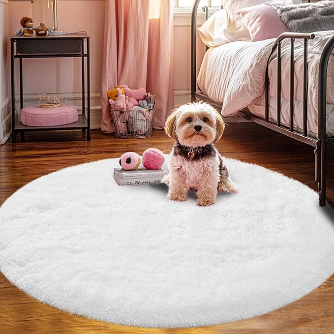 CAIYUECS White Round Rug for Bedroom: 5x5 Feet Soft and Fluffy Area Rug for Living Room- Circle Furry Plush Rug for Kids Room, Dorm- Fuzzy Rugs for Living Room, Home Decor (5ft, White)