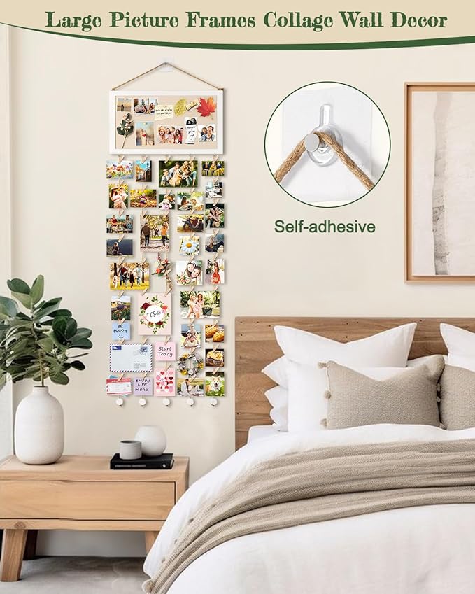 Bikoney Large Collage Picture Frame with Bulletin Board, Hanging Photo Display for Multiple Pictures, Wall Photo Organizer with 30 Clips & 6 Pushpins, Self Adhesive Hooks – No Drill Wood Photo Board for Room Decor