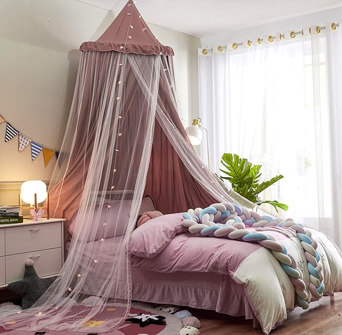 VETHIN Bed Canopy for with Lights,Double Layer Princess Round Dome Dreamy Mosquito Net Bedding Girls Room Castle Play Tent Hanging House Decor Reading Nook Canopies(Jujube Red/White)