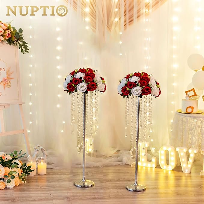 NUPTIO Silver Vase Wedding Centerpieces: 2 Pcs 29.5in Tall Crystal Flower Stand for Tables Elegant Metal Flowers Arrangement Vases for Weddings Birthday Party Anniversary Reception Home Decorations