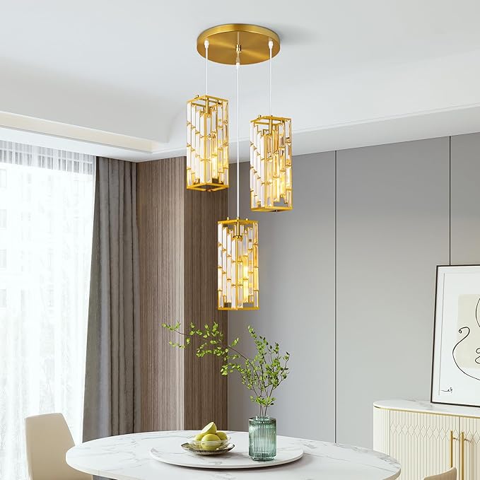 Gold Pendant Lighting Modern Pendant Light, Mini Crystal Chandeliers,Adjustable Pendant Light Fixture for Kitchen Island Dinning Room Bedroom (3 Light)