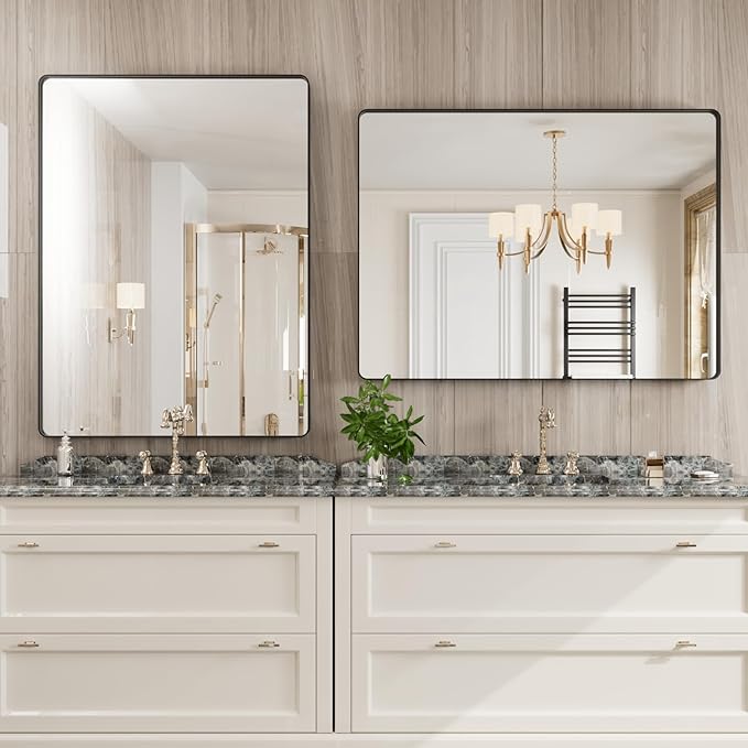 Black Bathroom Mirror 48X36 Inch, Black Metal Framed Mirror for Wall, Rounded Rectangle Matte Bathroom Vanity Mirror with Tempered Glass, Anti-Rust, Horizontal/Vertical