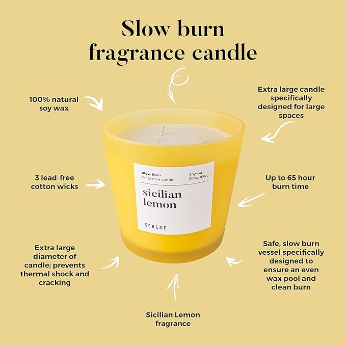 Hidden Label Large Scented Candle, Sicilian Lemon, 30oz 3 Wick Huge Candle, Serene Collection Slow Burn Natural Soy Candles for Home Scented