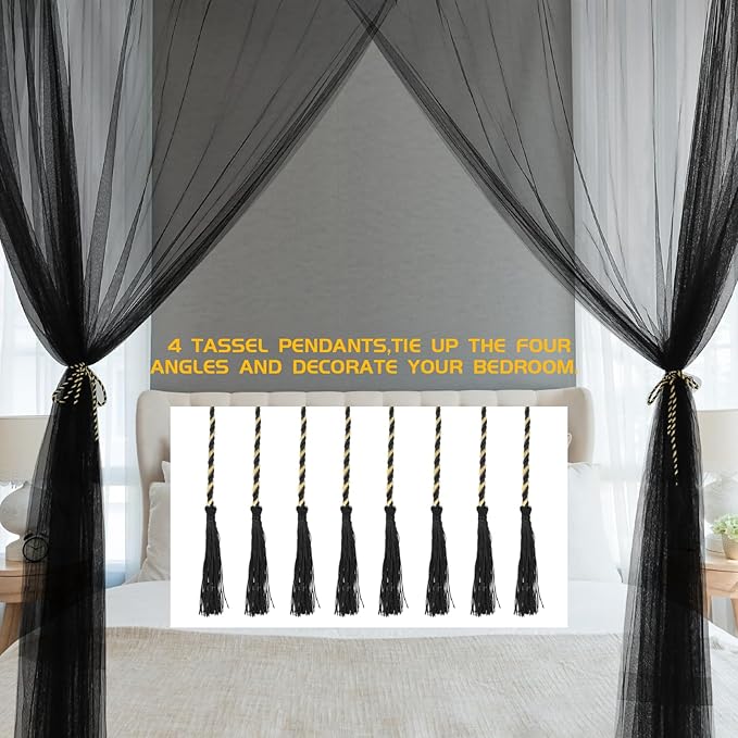 VISATOR Mosquito Net Bed Canopy,4 Corner Post Canopy Bed Curtains with 4 Hanging Hook,30ft Hanging Tether,4 Tassel Hanging Pendants and Storage Bag,Canopy Bed for Full/Queen/King Size