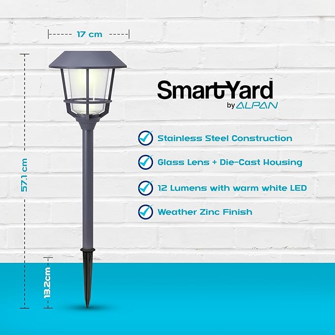 Solar LED Path Lights 4 Pack – 12 Lumens, Warm White, Weathered Zinc, Stainless Steel, Solar Powered, Weather-Resistant Outdoor Lighting for Walkway, Garden, Patio, Sidewalk
